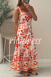 Unique Print Waist Cutout Back Gathered Suspender Maxi Dress