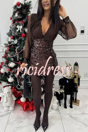 Whisper and Wine Sheer Tulle Sequin Patchwork V-neck Long Sleeve Mini Dress