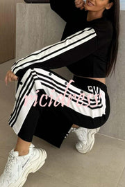 Sporty Chic Striped Patchwork Sweatshirt and Elastic Waist Side Button Up Loose Pants Set