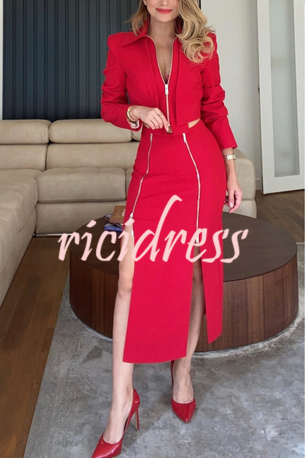 Stylish Mood Zippered Detail Crop Jacket and High Rise Stretch Slit Midi Skirt Set