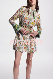 Mila Linen Blend Unique Print Shaped Collar Tie-up Waist Shirt Mini Dress