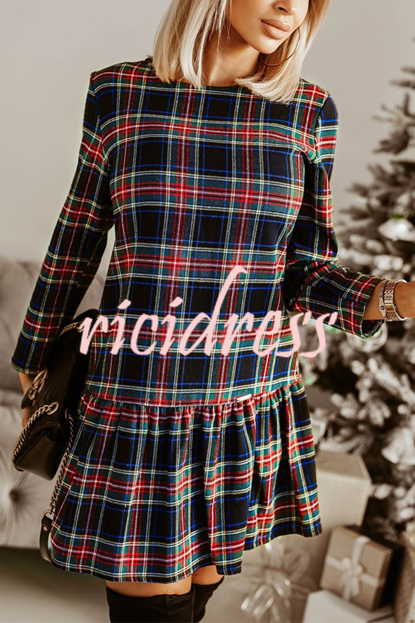 Fashionable Plaid Print Long Sleeve Round Neck Slim Fit Mini Dress