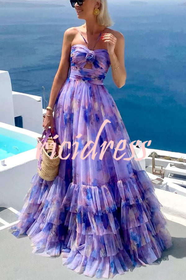 Dreamy Clouds Tulle Printed Rose Detail Cutout Ruffles Tiered Halter Maxi Dress