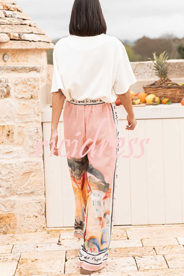 Unique Printed Elastic Waist Vacation Casual Wide Leg Pants