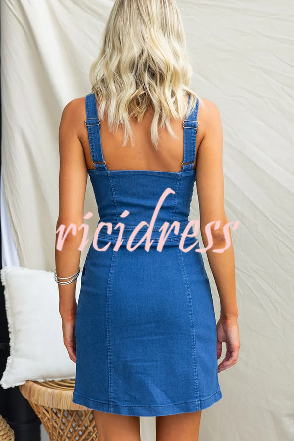 Nylah Denim Front Center Zipper Princess Line Pocket Stretch Mini Dress