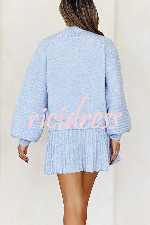 Solid Color Round Neck Puff Sleeve Loose Knit Sweater and Casual Striped Mini Skirt Set