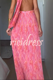Unique Print Sexy Halter Neck Tie Pleated Vacation Maxi Dress