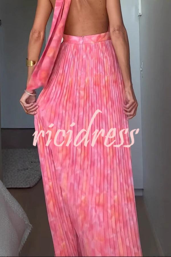 Unique Print Sexy Halter Neck Tie Pleated Vacation Maxi Dress