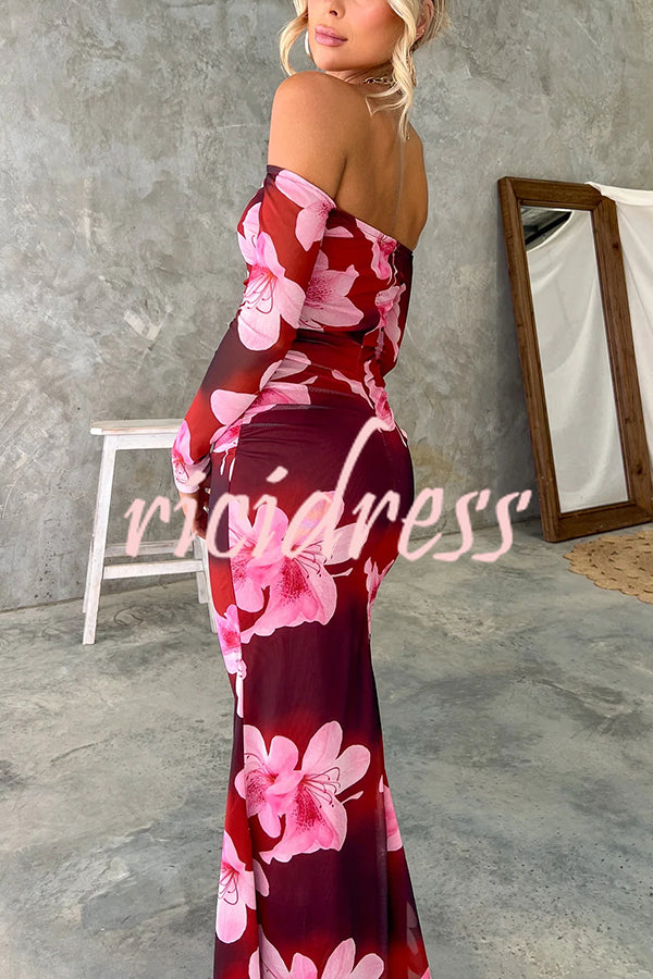 Floral Fantasy Mesh Off Shoulder Long Sleeve Stretch Maxi Dress