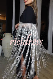 New Level Shiny Tassel Stand Neck Crop Cape Blouse