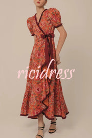 Bohemian Floral Print Elegant Puff Sleeve Holiday Maxi Dress