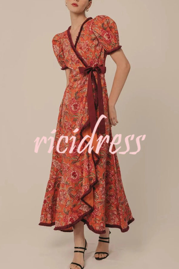 Bohemian Floral Print Elegant Puff Sleeve Holiday Maxi Dress