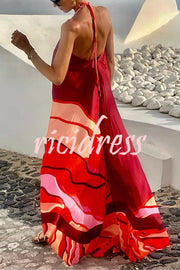 Vacay Happy Hour Printed Halter Backless A-line Maxi Dress