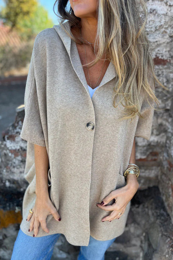 Solid Color Casual Hooded Single Button Pocket Loose Cape Jacket