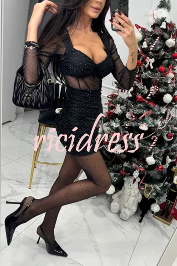 Gaze Mesh Glitter Fabric Sweetheart Neck Long Sleeve Stretch Mini Dress