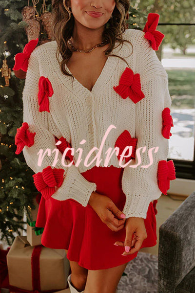 Wrapped in Bows Knit Color-blocked Loose V-neck Long-sleeved Cardigan