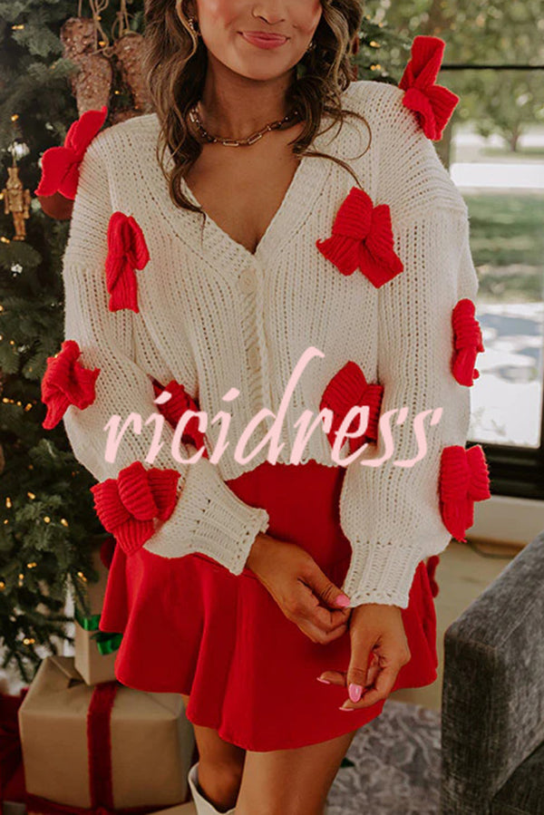 Wrapped in Bows Knit Color-blocked Loose V-neck Long-sleeved Cardigan