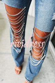 Casual Pocket Ripped Chain Embellished Straight Jeans