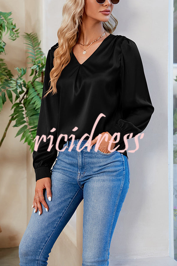 Satin Pleated V-neck Long-sleeved Loose Shirt