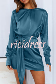 Satin Round Neck Long Sleeve Elastic Tie Mini Dress