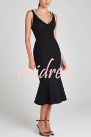 Moonlight Goddess Tweed Fabric Pearl Trim Fishtail Flare Bodycon Midi Dress