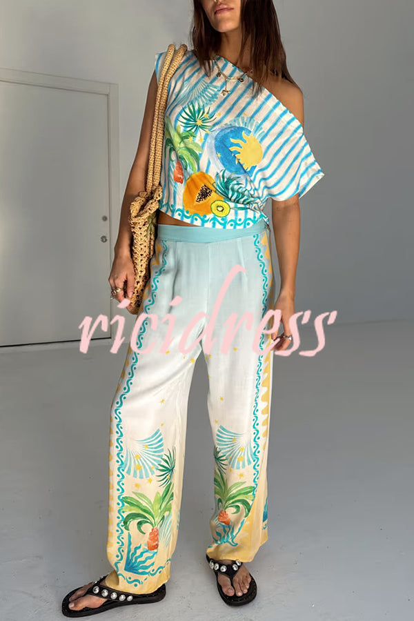 See You in Rio Tropical Fruits Print High Rise Elastic Waist Wide Leg Pants