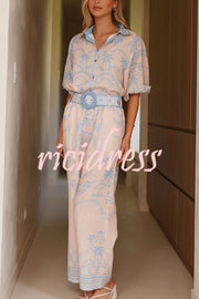 Linen Blend Lapel Puff Sleeve Loose Shirt and Casual Pocket Straight Pants Set