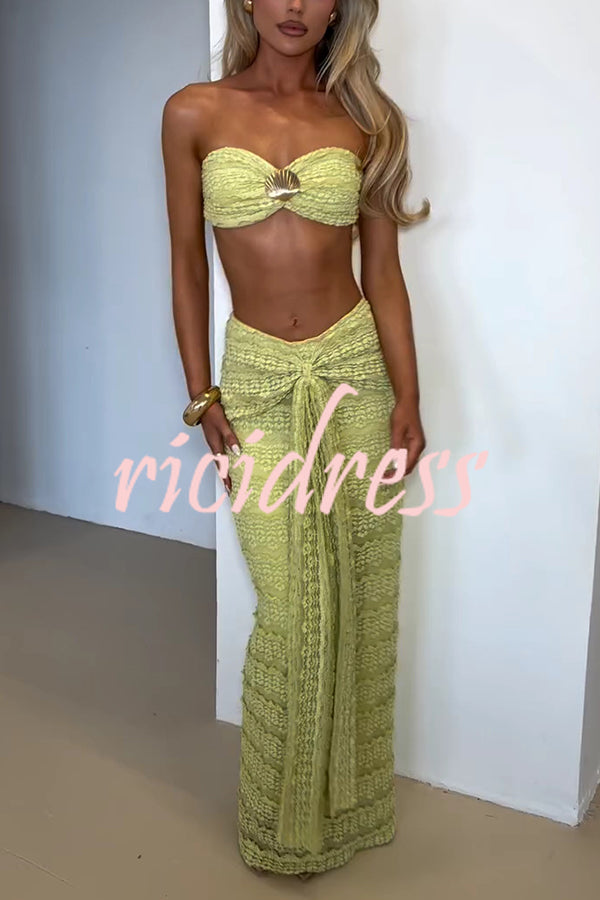 Fashion Metal Shell Embellished Sexy Bandeau and Elastic Tie Maxi Skirt Set