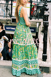 Yolanda Ric Rac Trims Unique Print Smocked Bust Back Lace-up Maxi Dress