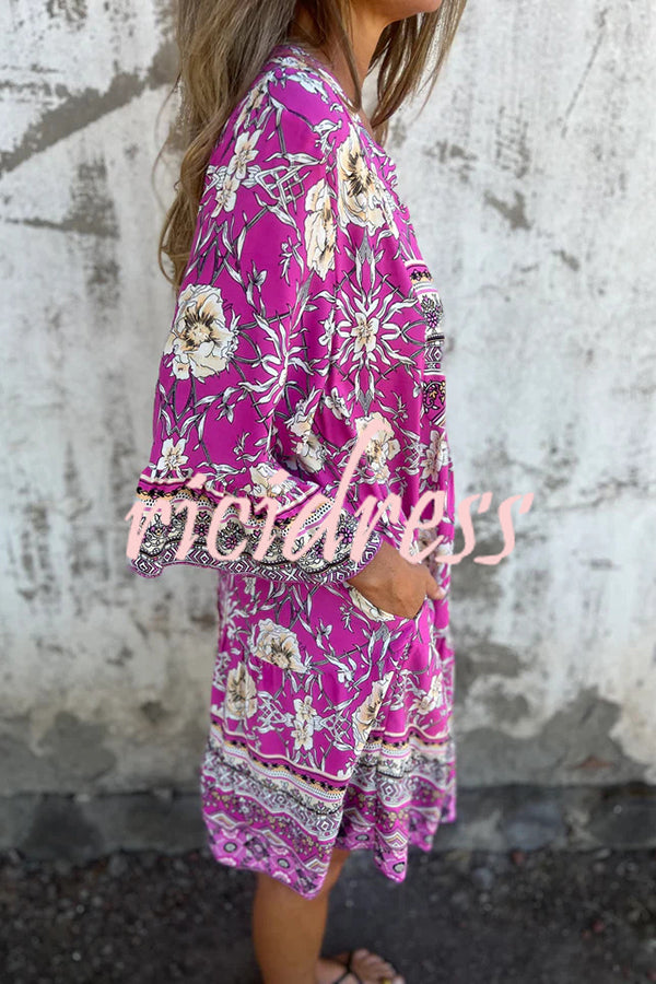 Ethnic Floral Print V-neck Loose Pocket Mini Dress