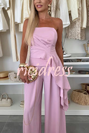 Elegant Solid Color Asymmetric Ruffles Bandeau Top and High Waist Wide Leg Pants Set
