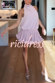 Ballerina Chic High Cowl Neck Pleated Wavy Ruffles Hem Backless Mini Dress