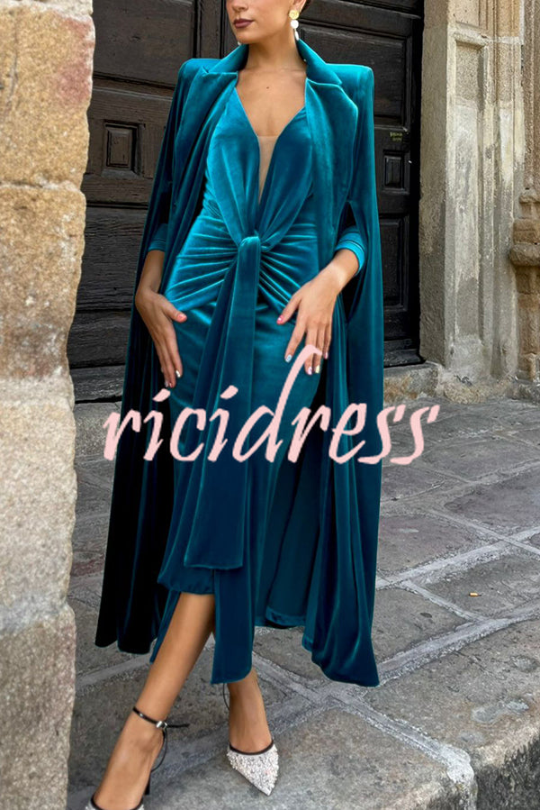 Olivienne Luxurious Velvet Padded Shoulders Slit Sleeve Lapel Midi Cape
