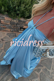 Cinderella Dream Satin Stone Ring Detail Cutout Halter Drape Maxi Dress