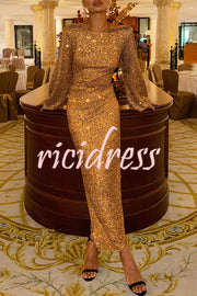 Shine Your Style Sequin Balloon Sleeve Back Drape Cowl Neck Maxi Dress