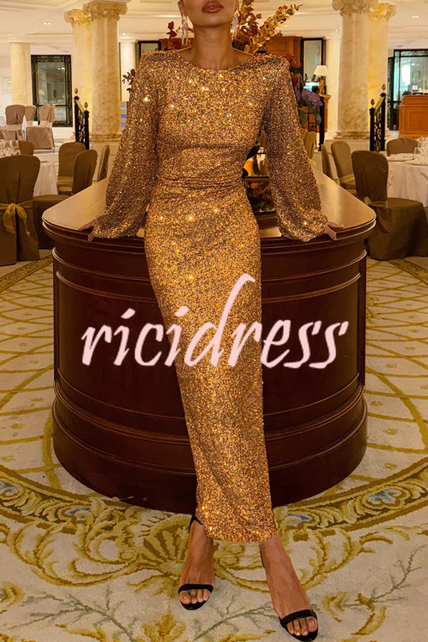 Shine Your Style Sequin Balloon Sleeve Back Drape Cowl Neck Maxi Dress