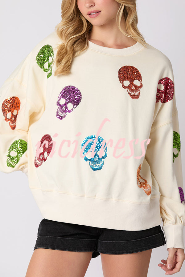 Halloween Skull Sequin Loose Casual Sweatshirt