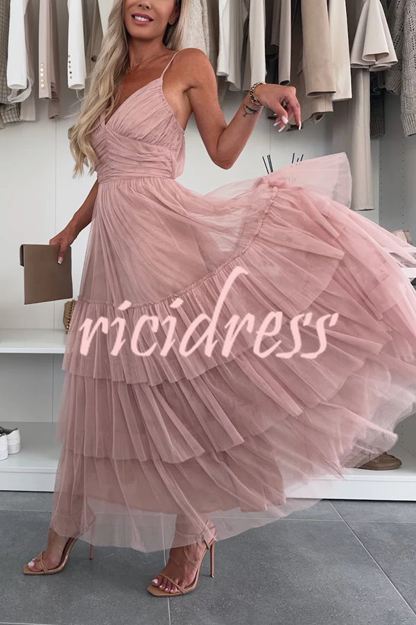 Romantic Movie Tulle Ruched Tiered Hem Slip Maxi Dress