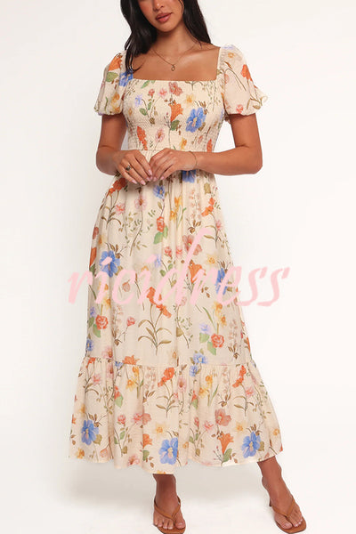 Dreamy Floral Print Square Neck Puff Sleeve Smocked Maxi Dress