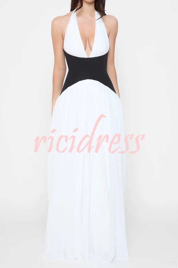 Fashionable Color Matching Sexy Halter Neck Waist Maxi Dress