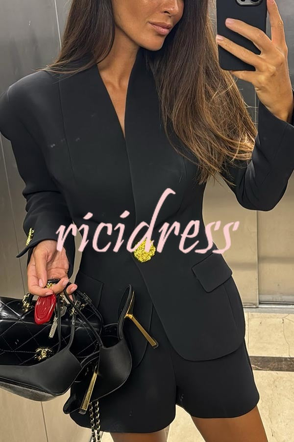 Classic Luxury Unique Metal Button Stand Collar Long Sleeve Blazer
