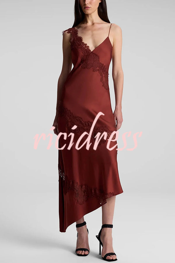 Sexy Lace Stitching Suspender V-neck Asymmetrical Maxi Dress
