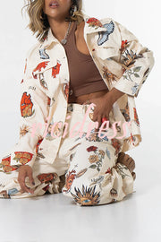 Angel Wings Denim Unique Print Button Up Long Sleeve Pocketed Relaxed Jacket