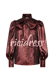 Ariella Metallic Satin Fabric Tie-up Bow Neck Long Sleeve Blouse