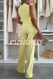 Workplace Chic Sleeveless Button Vest and Relaxed Pocket Wide Leg Pants Set