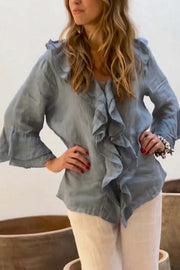 Solid Color V-neck Ruffled Casual Loose Top