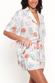 Graffiti Fruit Print Lapel Tie Short Sleeve Top and Elastic Waist Loose Pocket Shorts Set