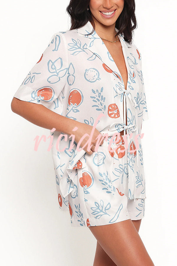 Graffiti Fruit Print Lapel Tie Short Sleeve Top and Elastic Waist Loose Pocket Shorts Set