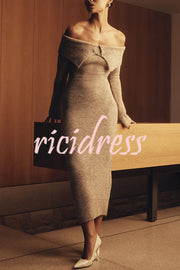 Solid Color Off-shoulder Long-sleeved Elegant Slim-fit Knit Maxi Dress