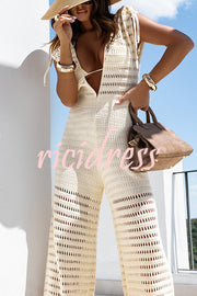 Solid Color Knitted V-neck Holiday Hollow Casual Jumpsuit